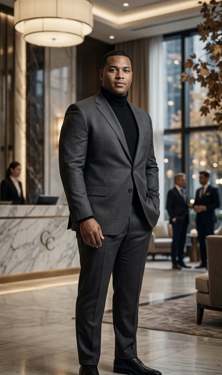Client wearing a charcoal classic slim-fit single-breasted suit