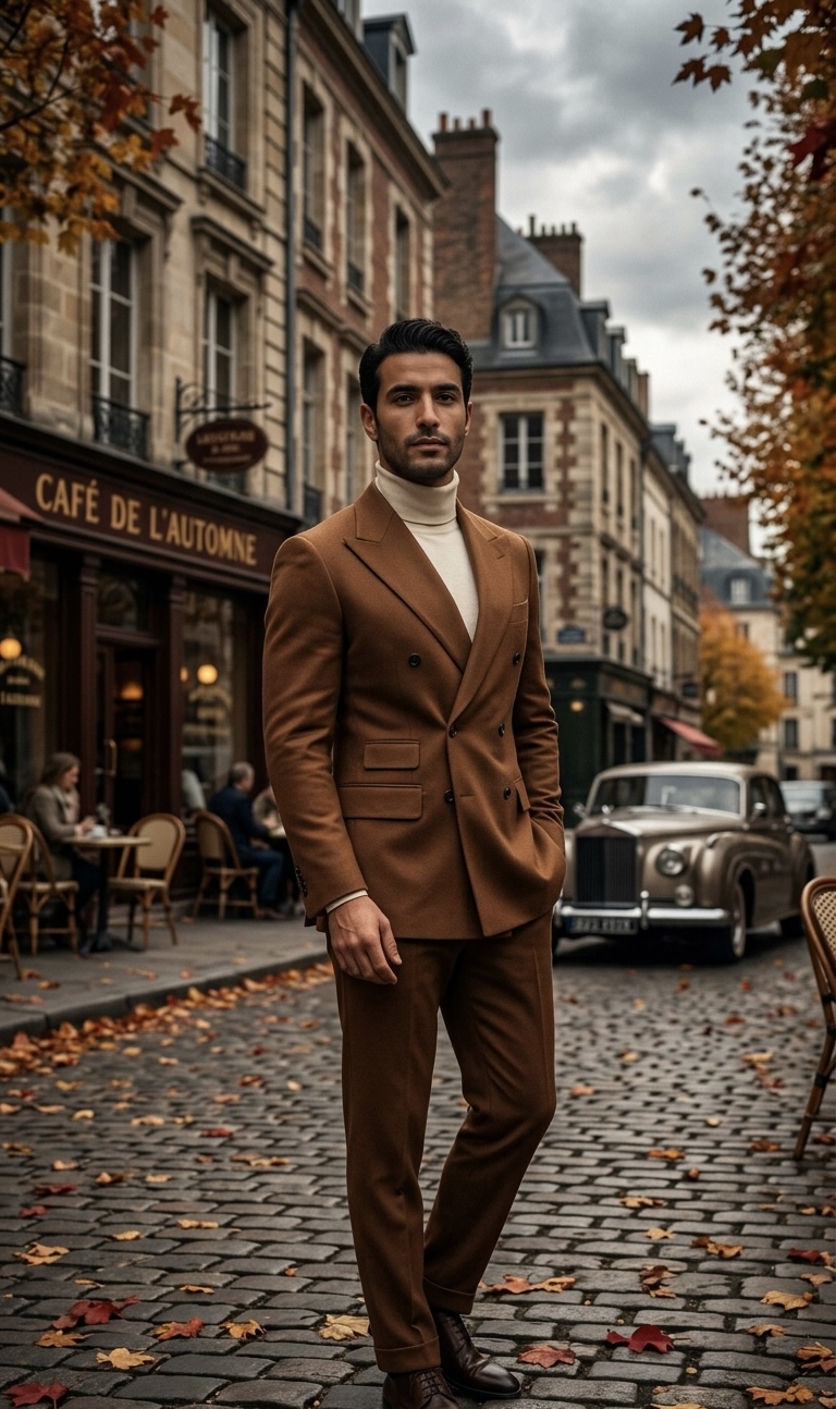 Model wearing a dark caramel double-breasted warm brown suit