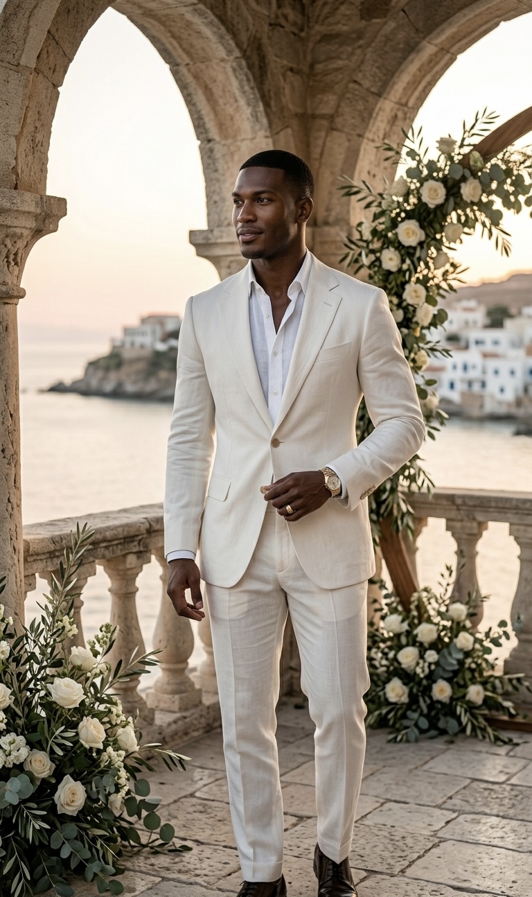 Groom in an ivory white wedding tuxedo suitable for summer events