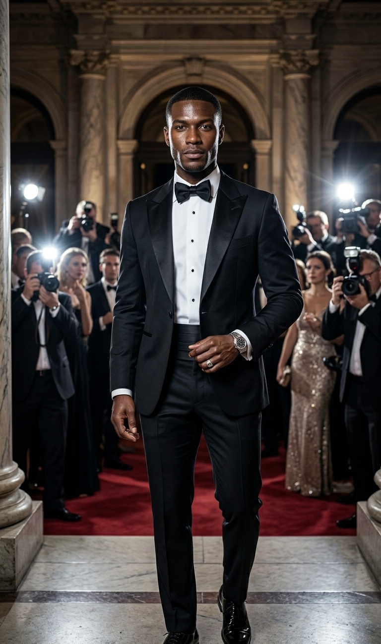 Model wearing a midnight black classic slim-cut tuxedo with satin lapels